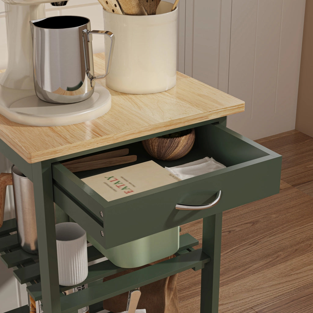 Carrello Portaoggetti Biel con Cassetto 3 Ripiani e Griglia Portabottiglie 76x37x37 cm - Verde / Effetto Legno [en.casa]