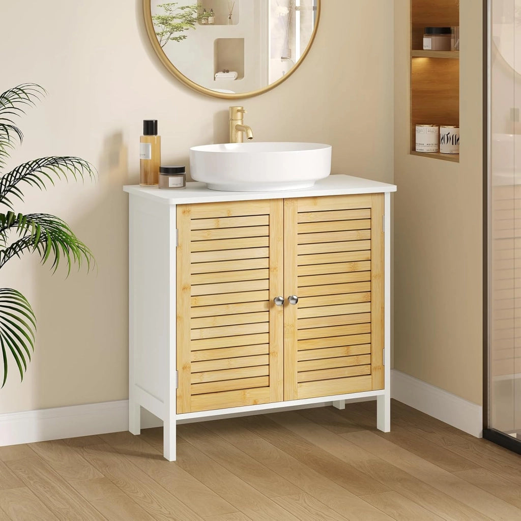 Mobile Sottolavello per Bagno, Mobiletto per Lavabo, Armadio a Pavimento con Ante e Ripiano Regolabile, Colore Bambù Naturale+Bianco, 60x30x60cm