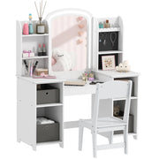 Tavolo da trucco bambini con sgabello e specchio LED ¨C zephmum ¨C 104x40x112 bianco
