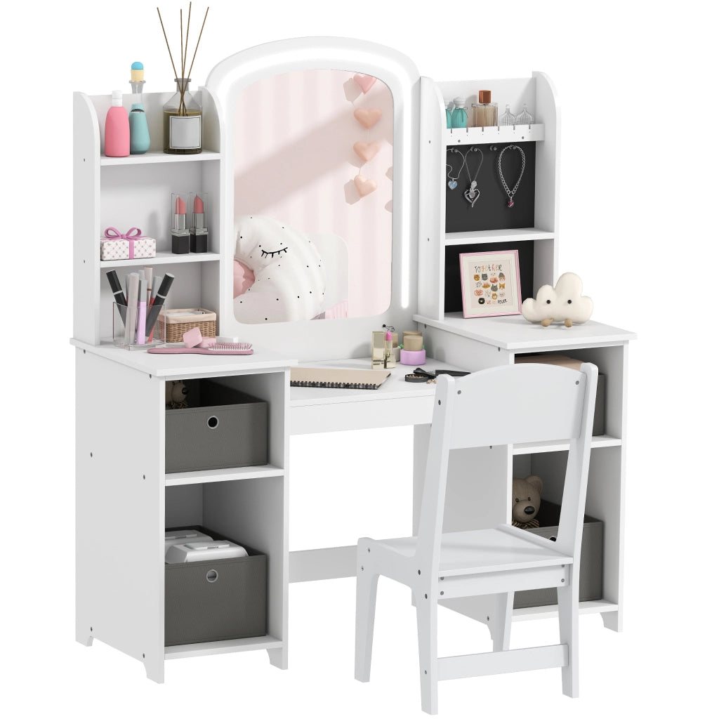 Tavolo da trucco bambini con sgabello e specchio LED ¨C zephmum ¨C 104x40x112 bianco