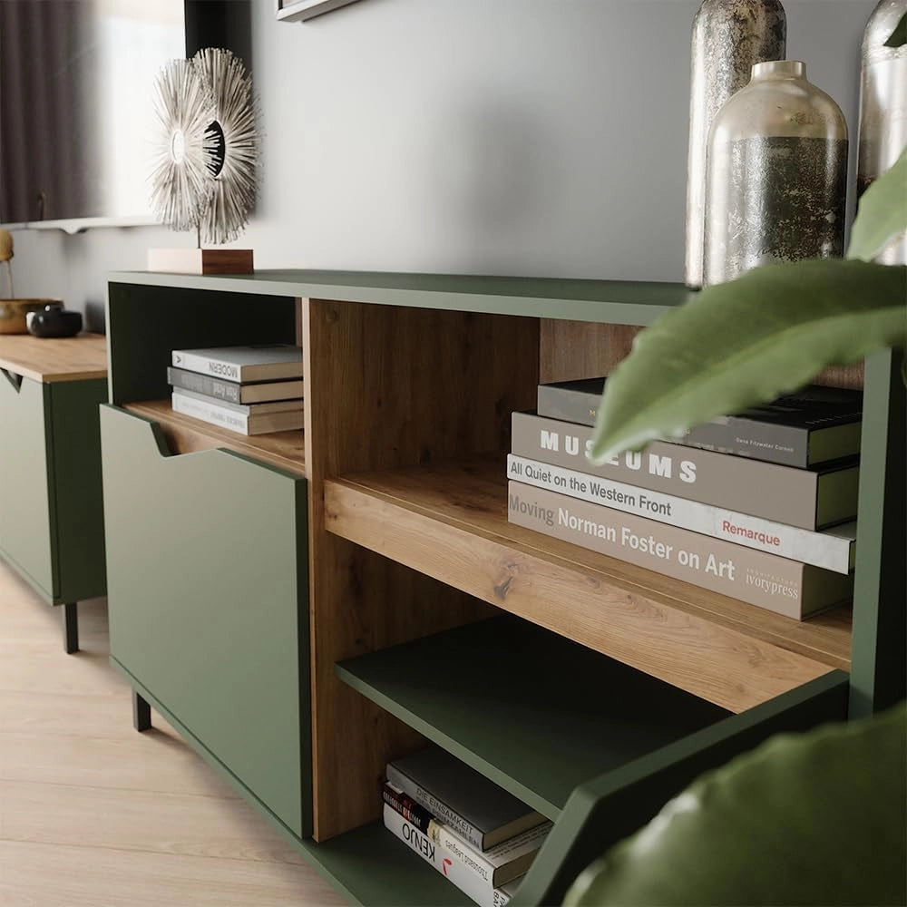 Credenza Marelle, Verde/Artigianale, 140 x 81.3 cm con 2 porte, adatto per la conservazione di diversi oggetti di uso quotidiano