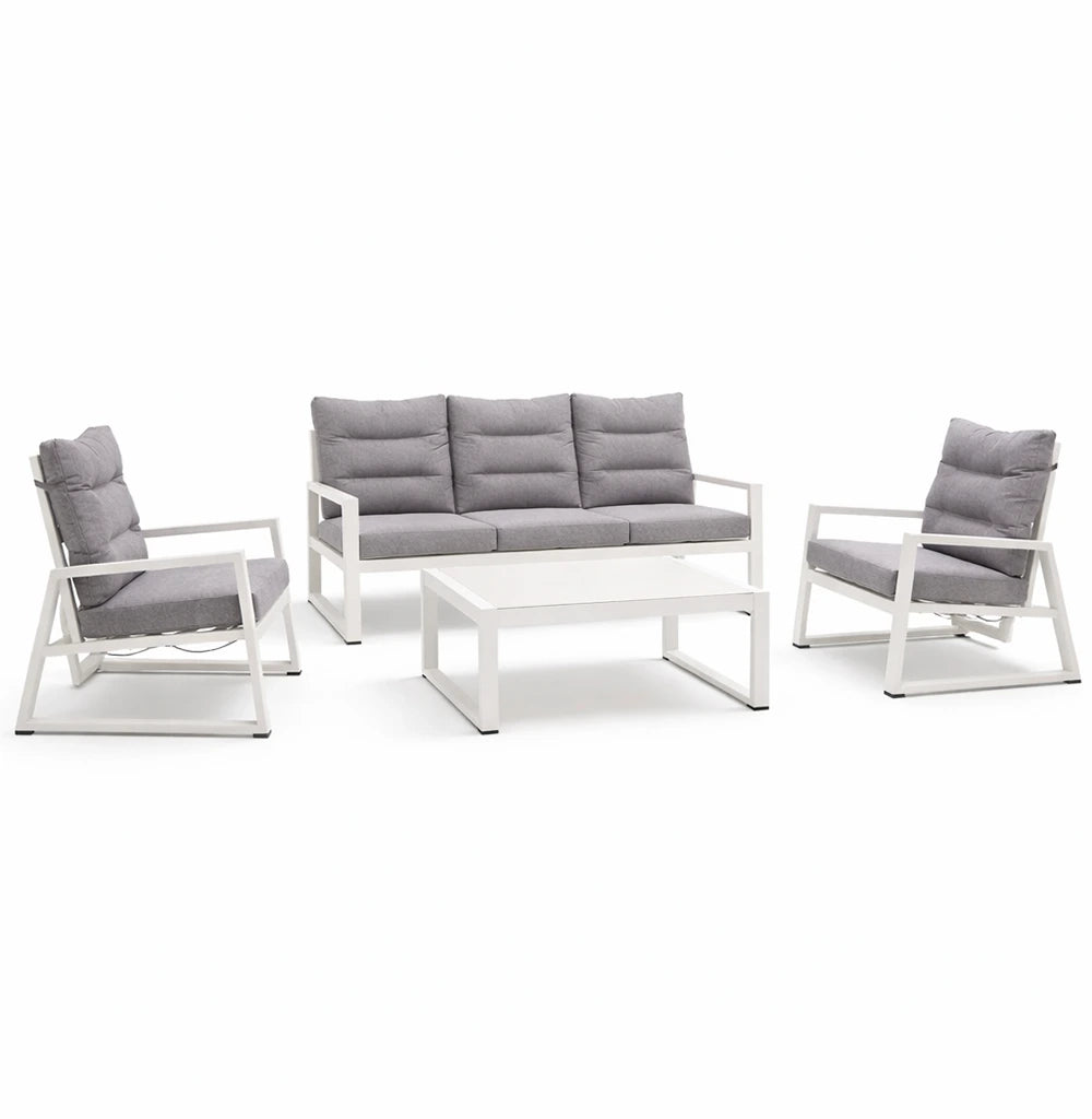 Tempo Style - Salottino Lounge in alluminio MIKONOS PLUS bianco/grigio | Lounge da giardino con divano, tavolo, 2 poltrone e cuscini | Set di mobili da giardino in metallo da 5 persone