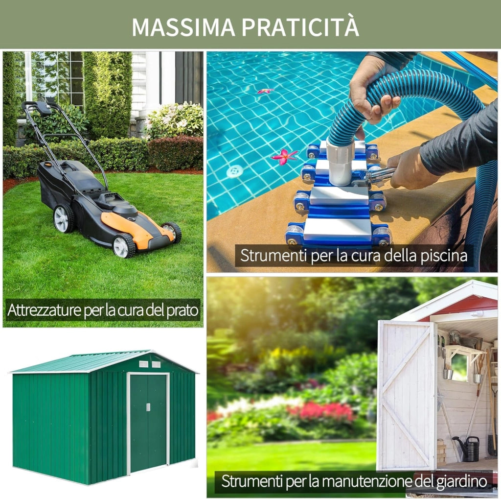 Casetta da Giardino 4.9 m² con Fondazione, 4 Prese d'Aria e 2 Porte Scorrevoli, Capanno Porta Attrezzi in Lamiera d'Acciaio, 277x195x192 cm, Verde Scuro
