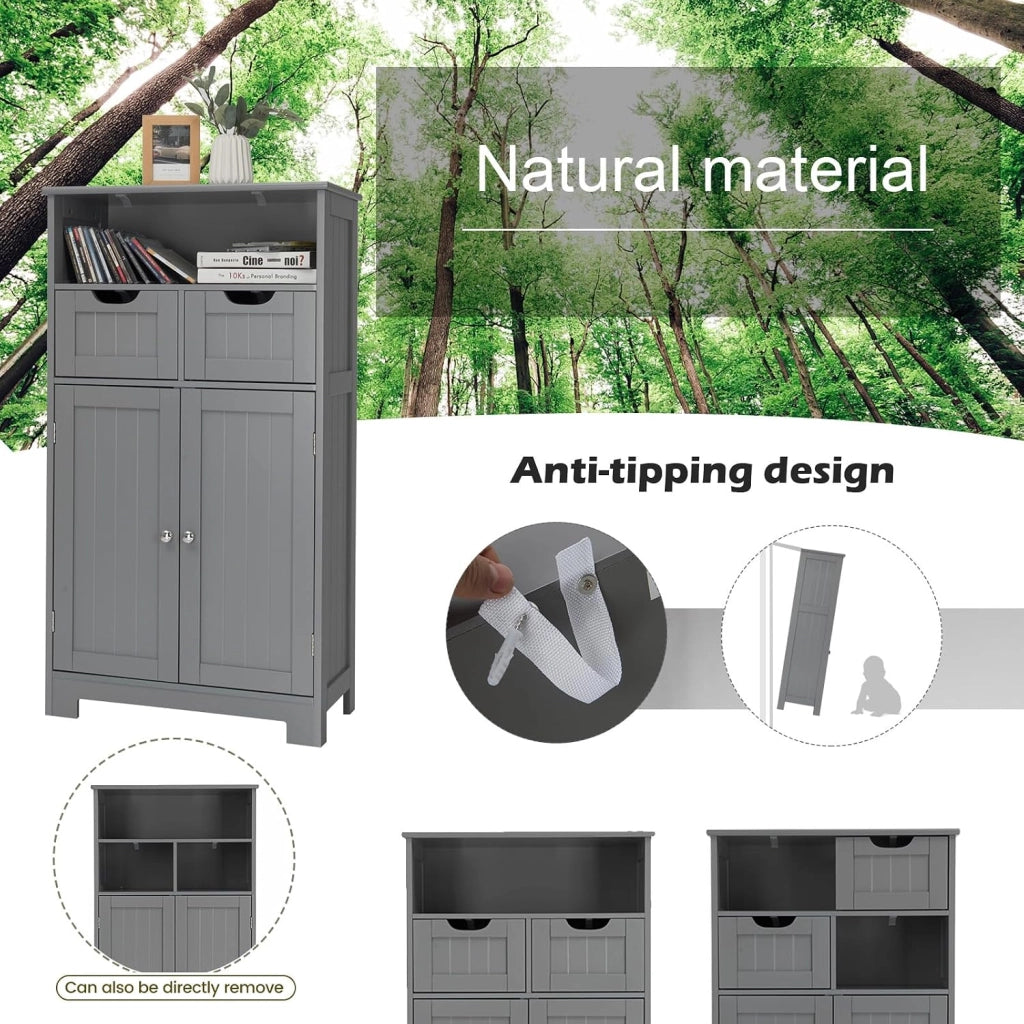 Mobile da Bagno con 2 Cassetti e 2 Armadi a Porta, 60 x 30 x 109 cm, Armadietto da Terra Autoportante in MDF, Armadio d’Archivio per Soggiorno, WC, Camera da Letto, Cucina (Grigio)