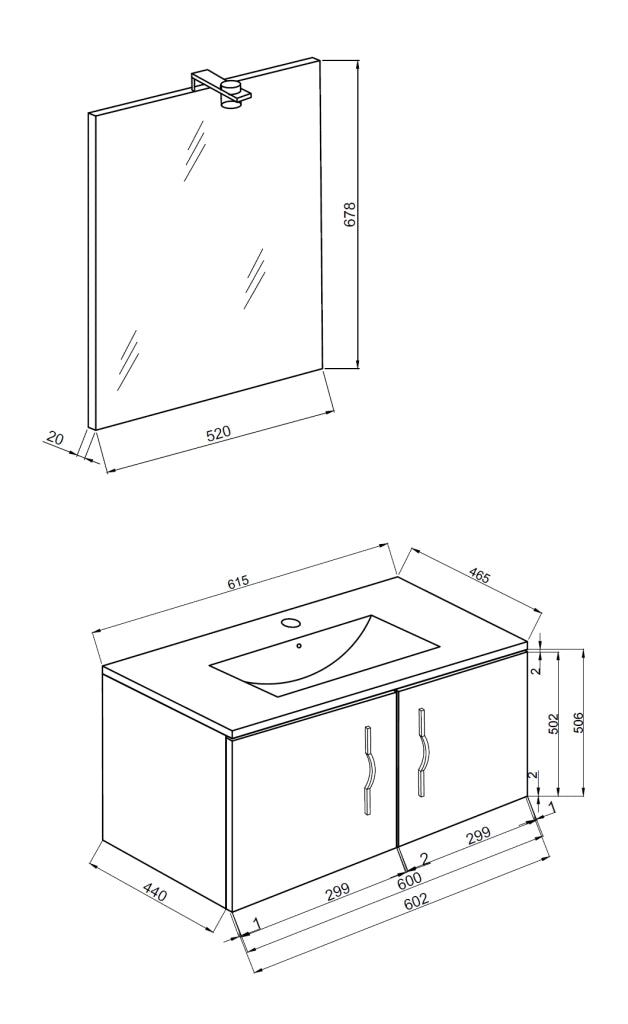 Bathroom composition 61cm , ceramic sink , cabinet and mirror with lamp model Coral 4452