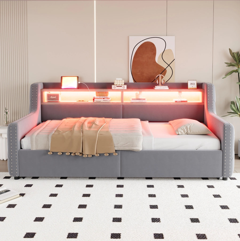 Divano letto 90x200 cm; contenitore idraulico e LED; velluto grigio chiaro