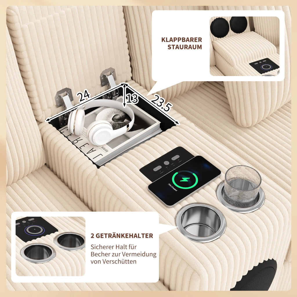 Divano modulare con altoparlante Bluetooth console di ricarica USB e Type C in tessuto a coste beige