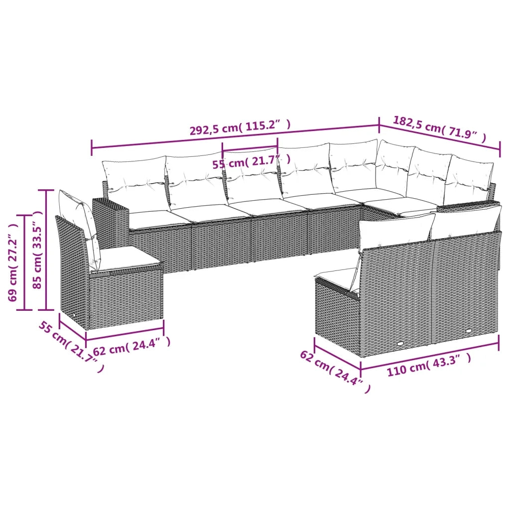 Set Divano da Giardino 10 pz con Cuscini Beige in Polyrattan 3251446