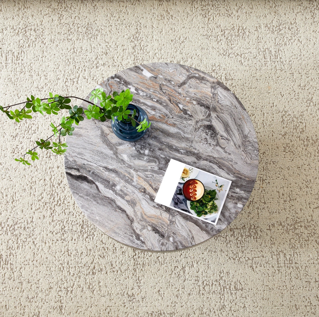 Tavolino da caffè rotondo 70 cm con piedini regolabili in MDF effetto marmo grigio e nero