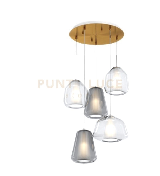 SOSPENSIONE OTTONE SAT. 5 LUCI TONDA VETRI (ALPHA TR) (BETA 2X TR) (GAMMA 2X FU) 1176OS-S5 T ABG-TF