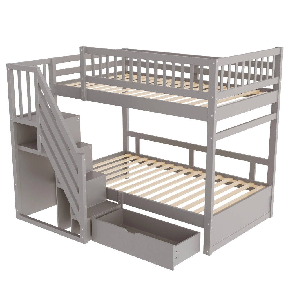 Letto a castello in legno massiccio con scala contenitore e cassetti, 90x200 cm