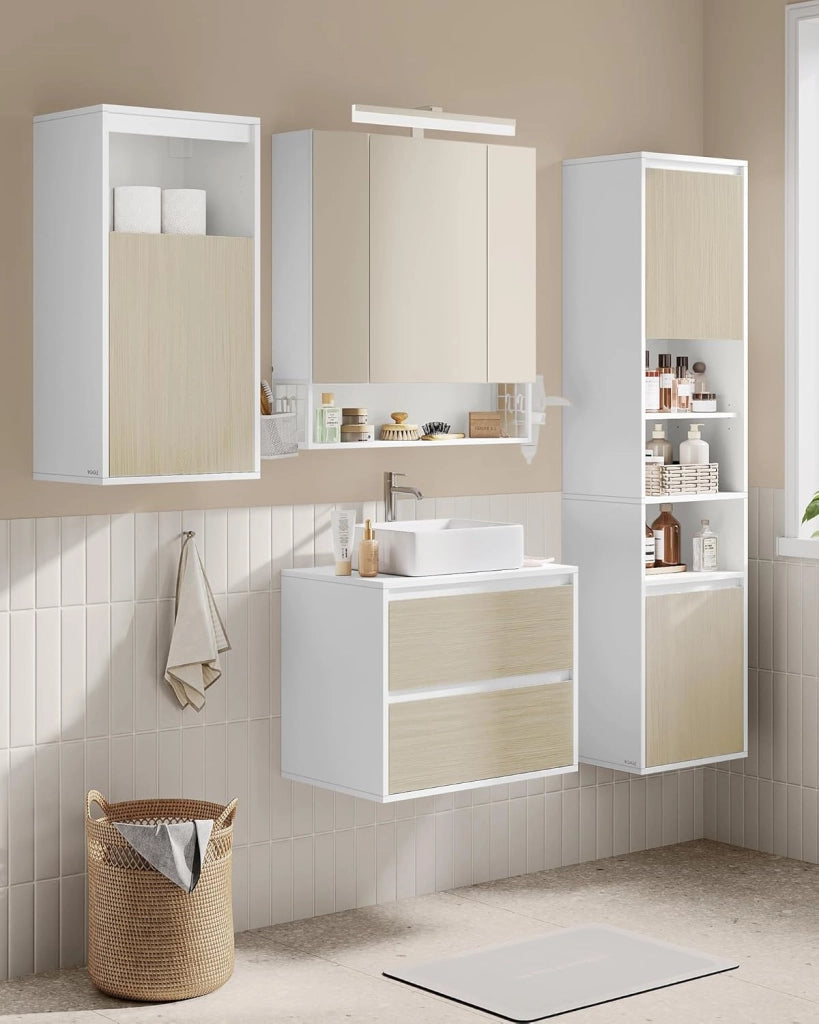 VASAGLE KAILYN Collezione - Mobiletto da Bagno, Mobile da Parete o Terra, Ante a Apertura Regolabile, 7 Scomparti, 3 Ripiani Regolabili, 30 x 40 x 160 cm, Bianco Nuvola e Beige Naturale BBK762N01