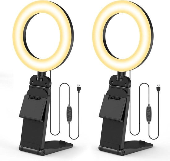 Lampada da tavolo per videoconferenza 5 pollici - lampada da tavolo con treppiede e supporto per smartphone - 3 colori di luce + 10 livelli di luminosità - illuminazione girevole 360° per laptop PC