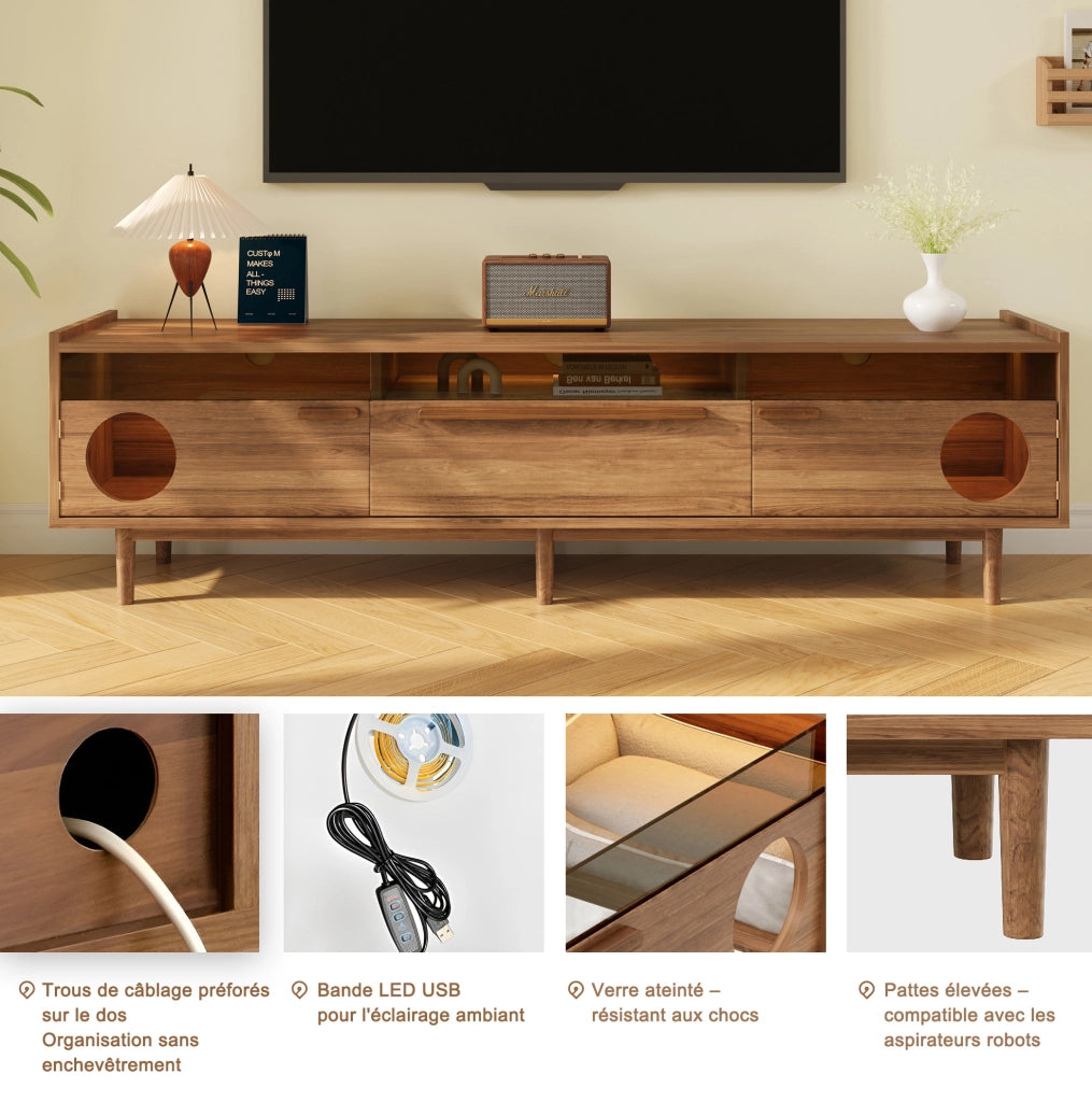 Mobile TV 180x40x50 cm con vano per gatti e illuminazione LED; MDF e vetro temperato; noce
