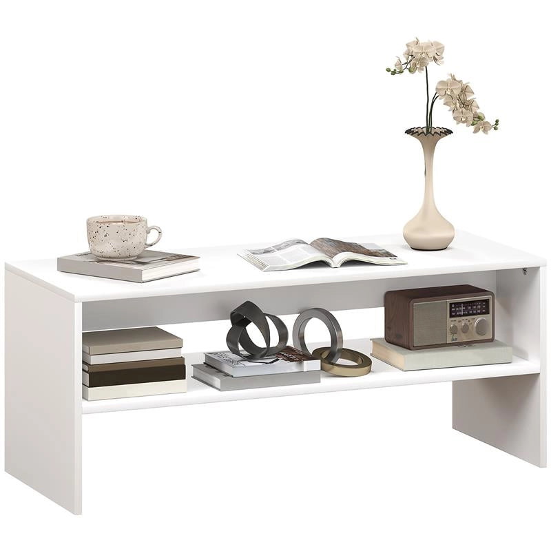 TAVOLINO DA CAFFÈ MODERNO IN LEGNO A 2 LIVELLI CON RIPIANO APERTO, 100X40X41.5 CM, BIANCO