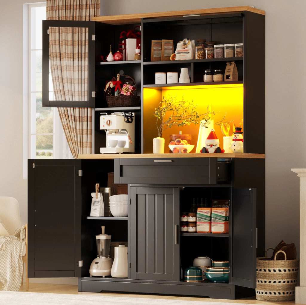 Credenza alta 104x40x180 cm con illuminazione LED; in MDF e metallo; nera