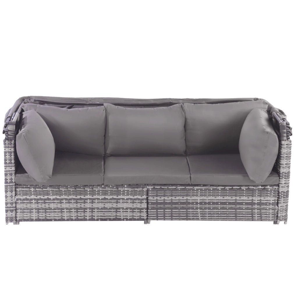 Set da giardino con area relax divano e ombrellone in rattan resistente alle intemperie per giardino e terrazzo colore grigio.