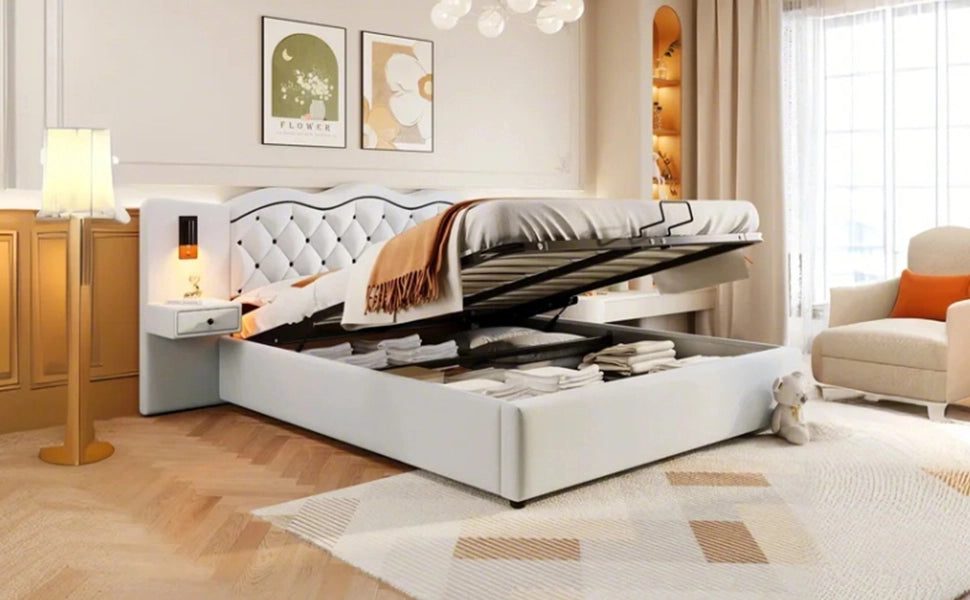 DESMIU Letto Contenitore 2 Posti con USB, 2 Luci da Lettura e Vano Contenitore 180 × 200 cm, Senza Materasso