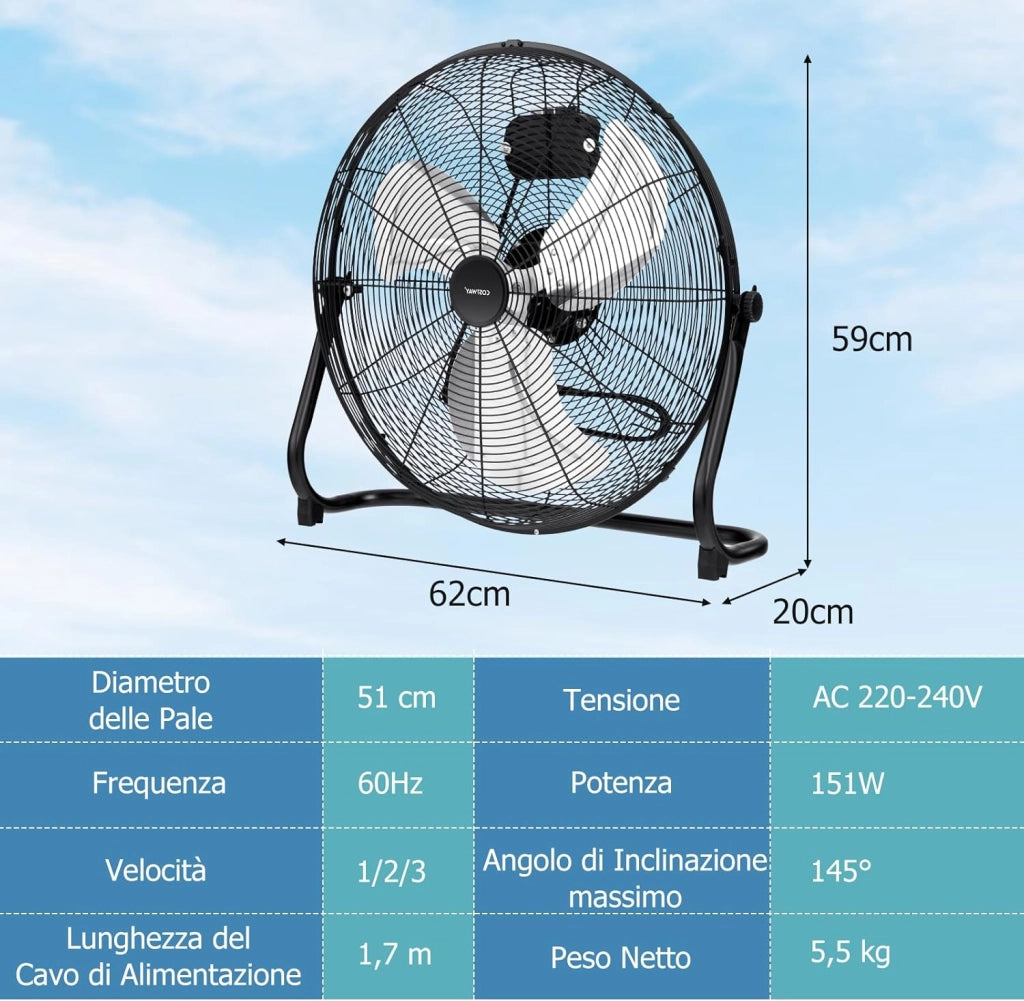 Ventilatori da Pavimento 62 X 20 X 59 CM, 3 Velocità di Vento Regolabili, Ventilatore Industriale in Metallo, Angolo di Inclinazione 145°, per Magazzino, Officina, Cantina, Ufficio (Nero)