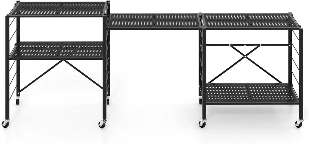 Scaffale Pieghevole con Ruote, Scaffale in Metallo con 5 Ripiani, Mobile in Metallo con Ripiani Regolabili e Grande Capacità da Cucina Balcone Soggiorno, Nero