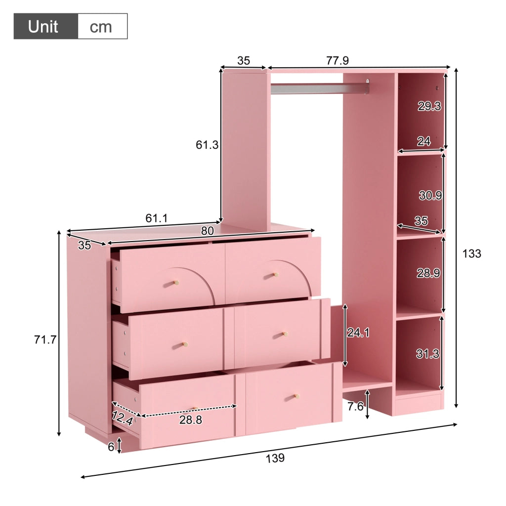 Armadio multifunzione aperto con 6 cassetti, barra appendiabiti e ripiani laterali, rosa, 139 ¡Á 35 ¡Á 133 cm