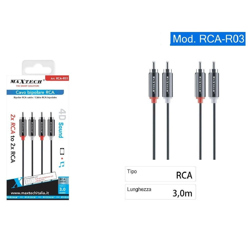 Trade Shop - Cavo Bipolare Rca Audio Video Stereo 2 X Rca Maschio/maschio Da 3 Metri Rca-r03 -