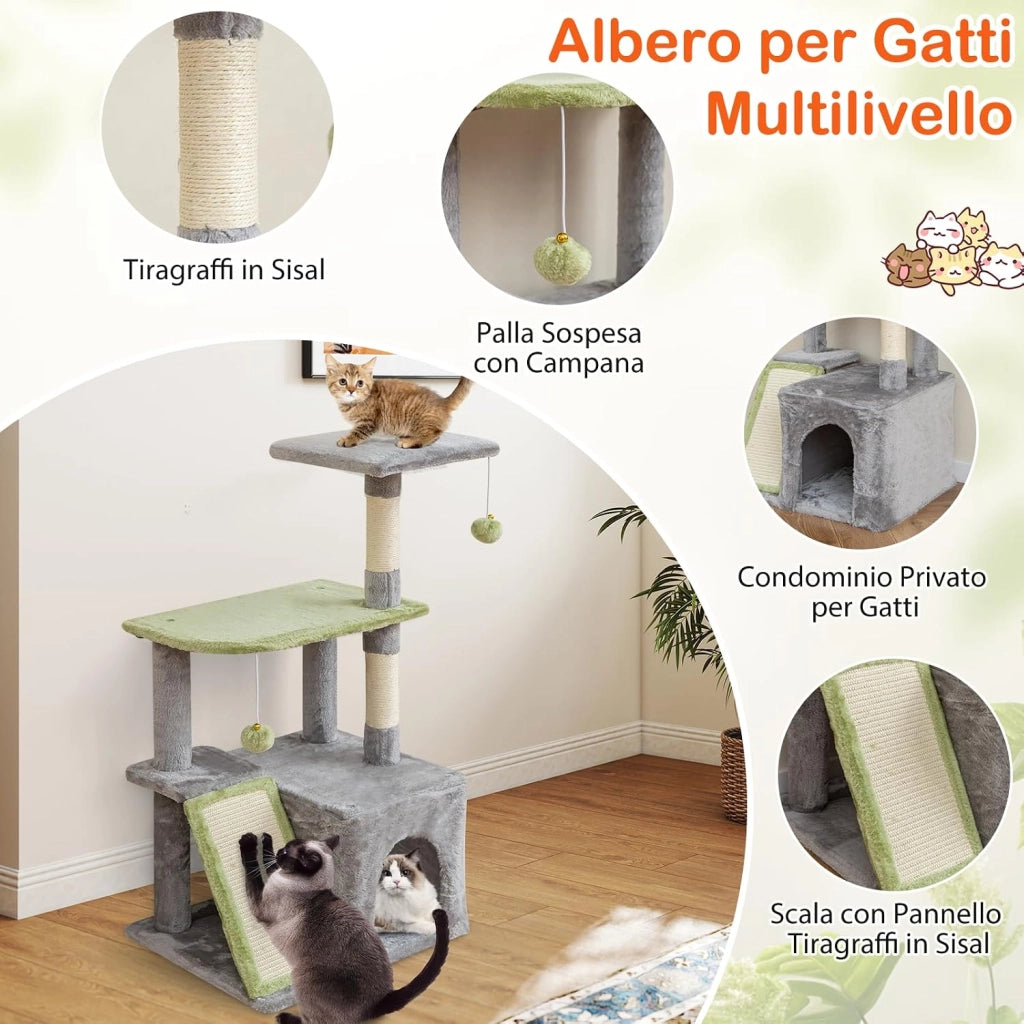 3 in 1 Set di Albero per Gatti, Tiragraffi per Gattini con Condominio, Cat tree a 3 Livelli, Albero da Arrampicata Versatile