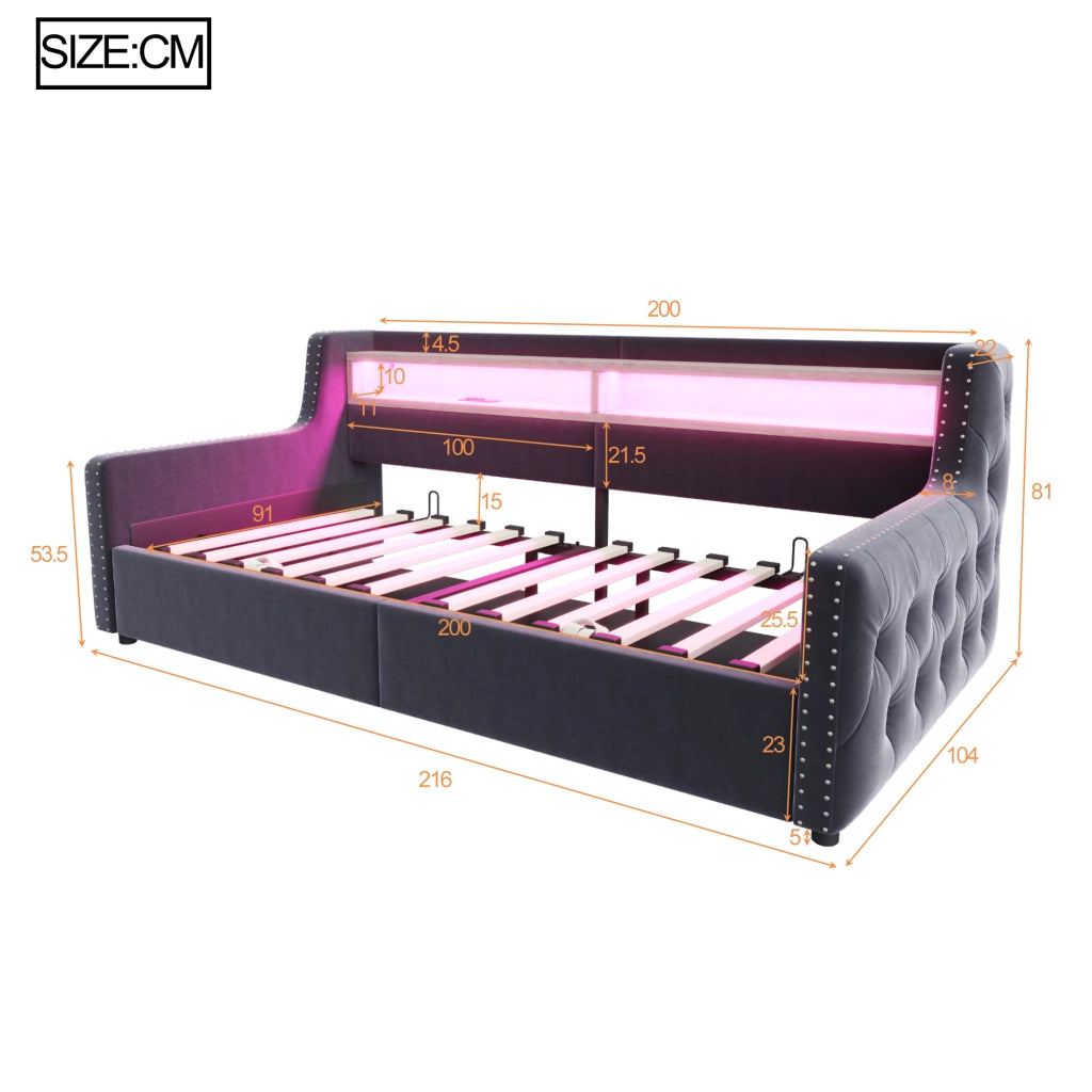 Schlafsofa imbottito 90x200 cm in velluto grigio con contenitore idraulico, LED, presa USB/Type-C e rete a doghe