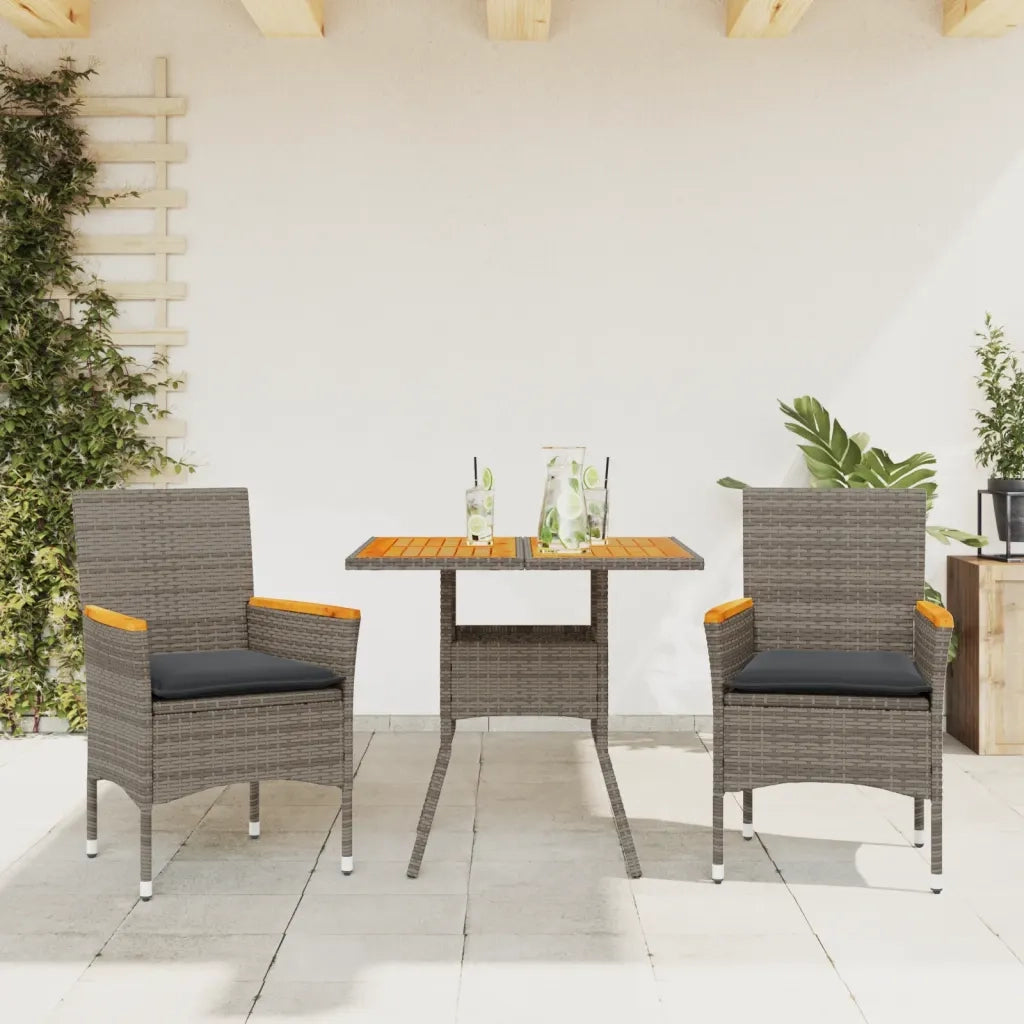Set Pranzo da Giardino 3pz | Set Salotto da Giardino con Cuscini Polyrattan Acacia Grigio