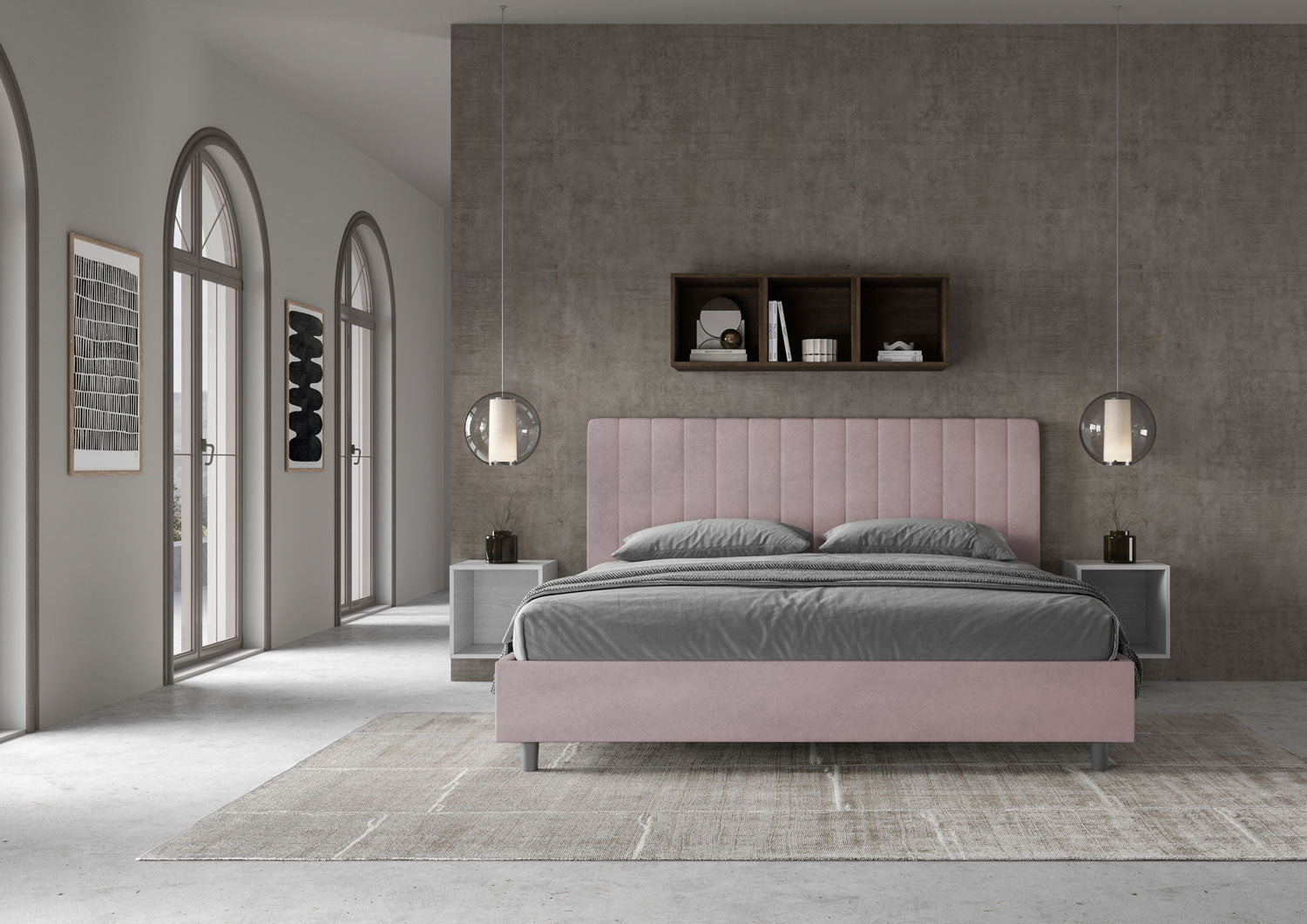 Letto Matrimoniale King Size 200x210 cm con Rete Imbottito in Microfibra Agueda Glicine