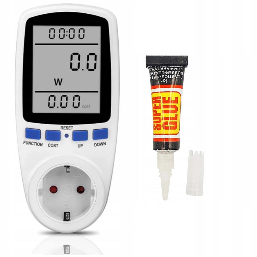 Wattmetro e Colla Cianoacrilica Super Glue 3g – Monitoraggio Consumo Energetico | Display Grande, Allarme Sovraccarico