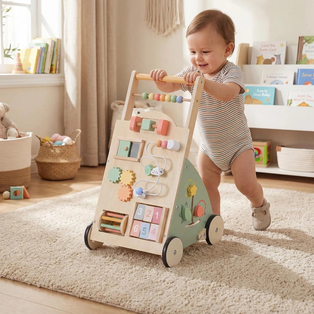 Carello Primi Passi in Legno per Bambini, Girello Montessori con Centro Attività, Ruote e Cestino Portaoggetti, Gioco Educativo per Bambini 12 + Mesi (Modello 5)