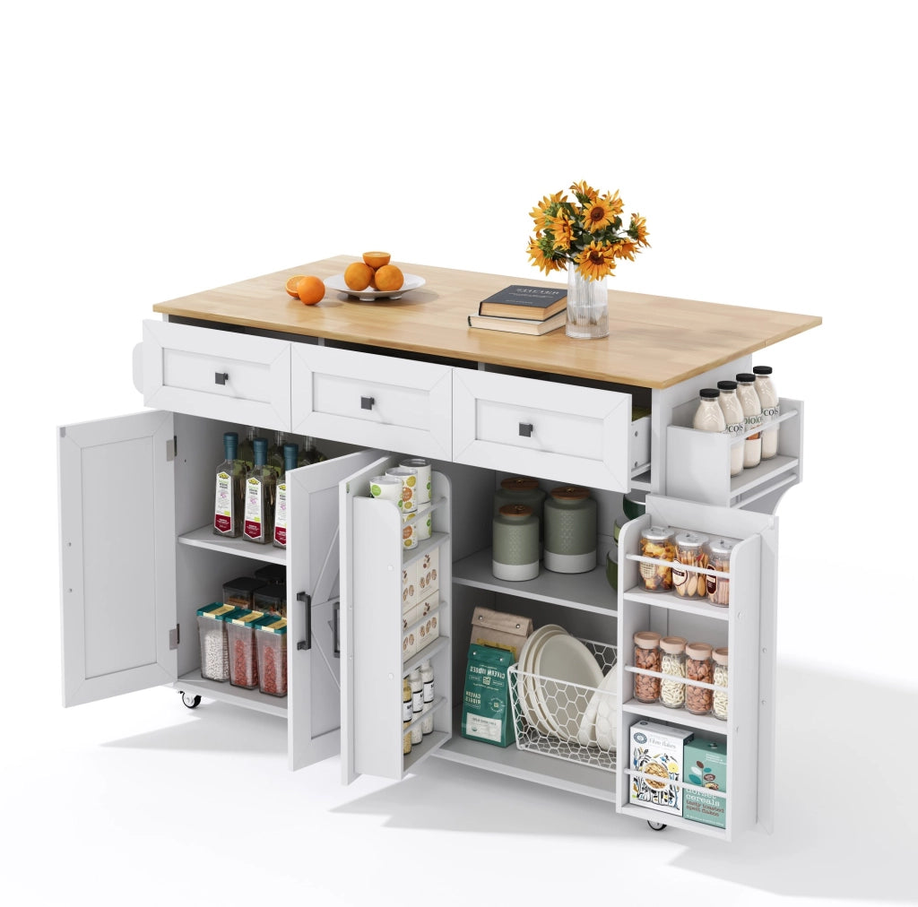 Isola da cucina 140x43(70)x90.5 cm con piano pieghevole; 4 ante e 3 cassetti in MDF bianco e naturale