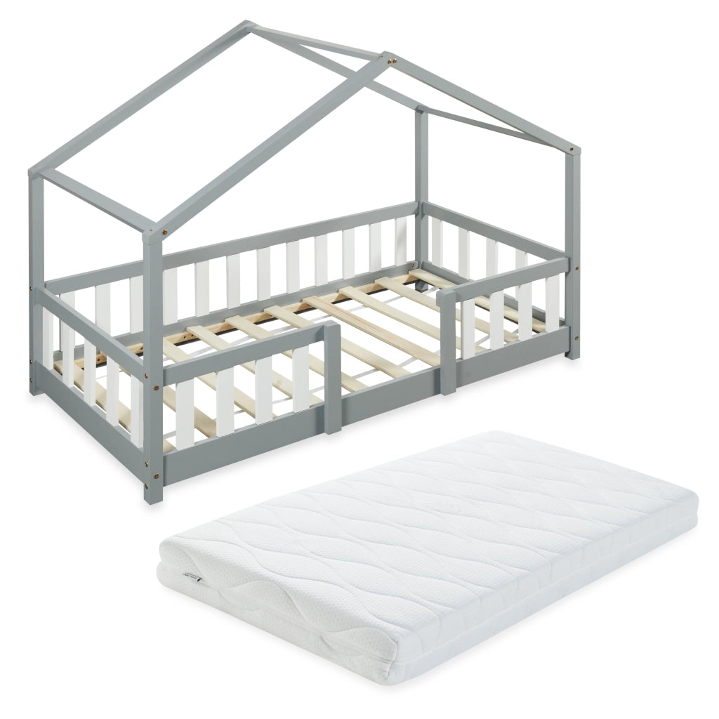 Letto per Cameretta Treviolo a Forma di Casetta in Stile Montessori con Materasso 80x160 cm - Grigio Chiaro/Bianco [en.casa]