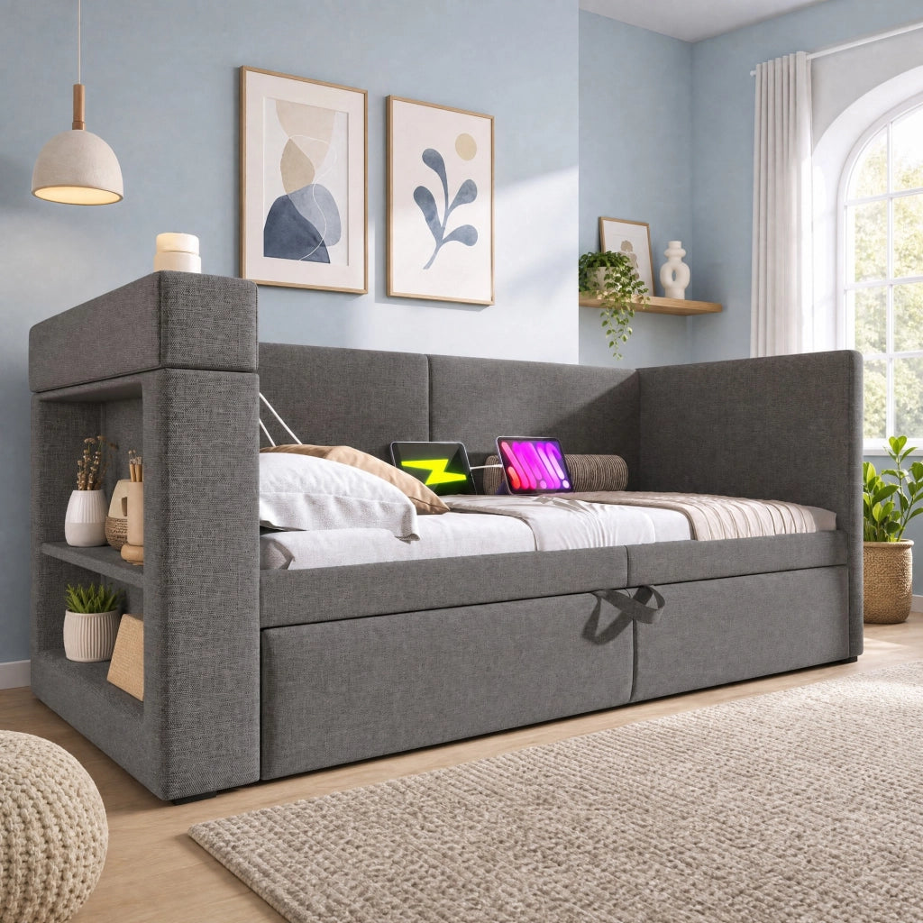 Letto singolo 90 × 200 cm con letto estraibile ricarica USB e Type-C in cotone e lino grigio