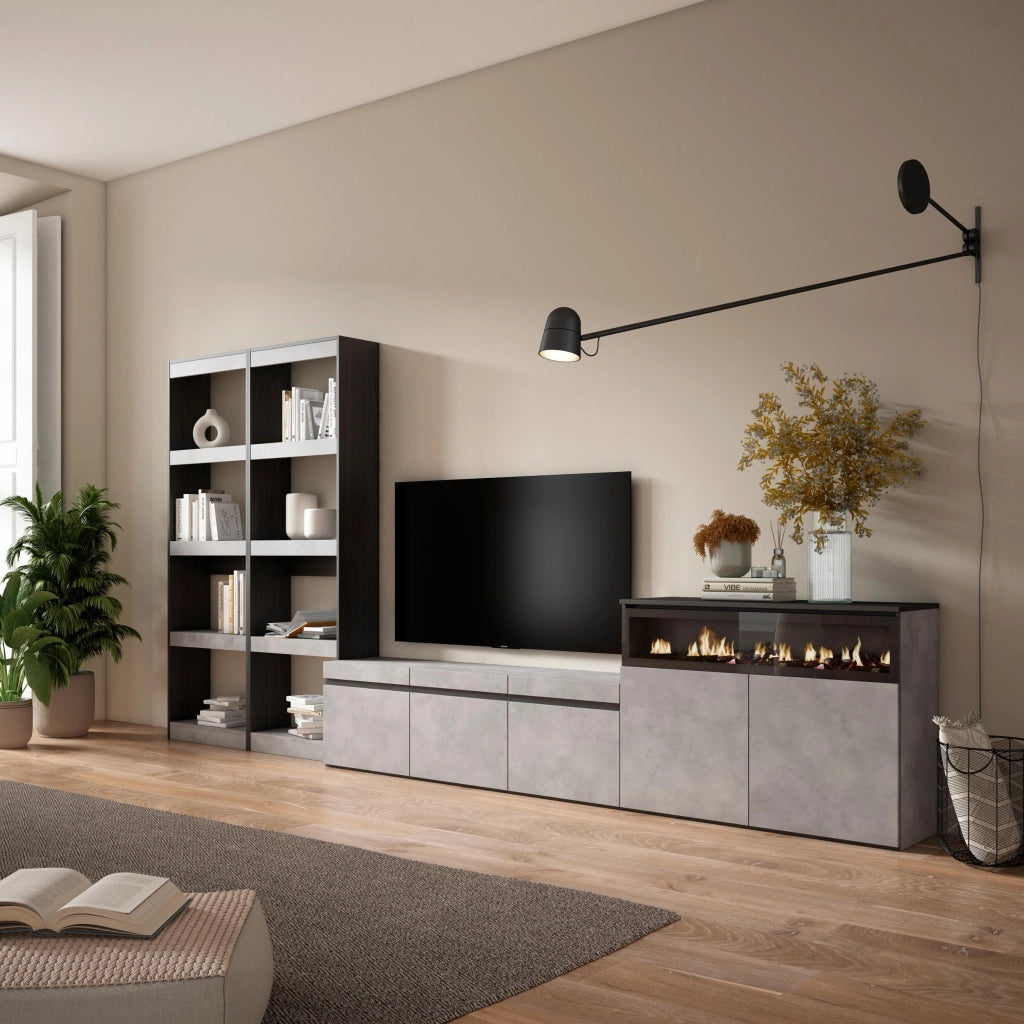 Mobile TV, Soggiorno, 370x35x186cm, Per TV fino a 65", Camino elettrico, grigio cemento RF3171