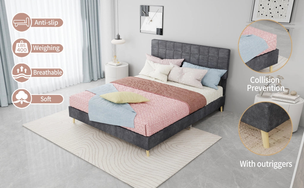 Letto matrimoniale 140 × 200 cm con testiera imbottita a quadri, struttura stabile, senza materasso, grigio
