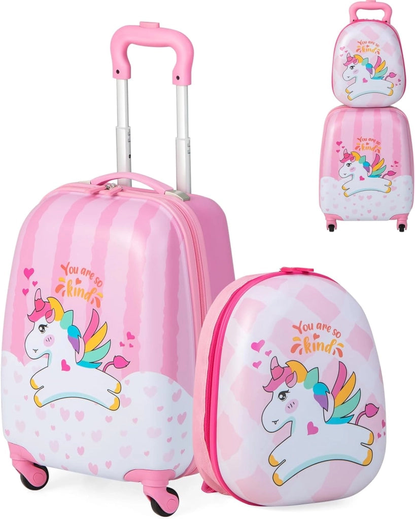Set di Valigia 16’’ + Zaino 12’’ per Bambini 2 Pezzi, Bagagli 2-in-1 con Zainetto da Viaggio Aereo, Trolley con Maniglia Telescopica e 4 Ruote a 360° (Rosa Unicorno-A)