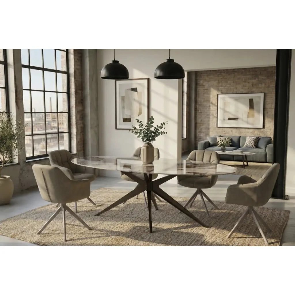 Tavolo da pranzo AVELIS ovale 220 cm in ceramica effetto marmo bianco e metallo bronzo