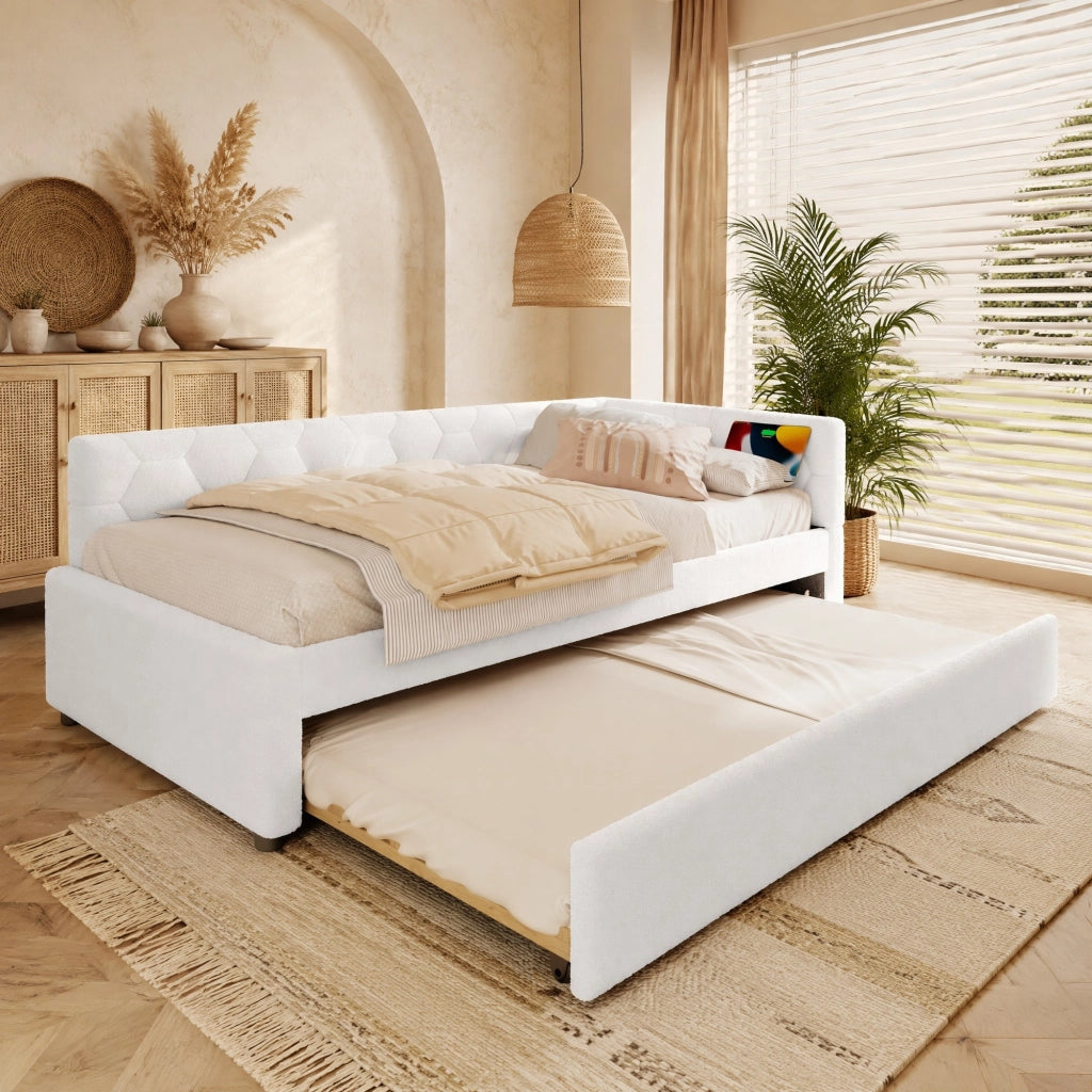 DESMIU Letto estraibile 90 × 200 cm 1 posto con lampada da comodino, USB, Type-C, senza materasso, in boucle, bianco