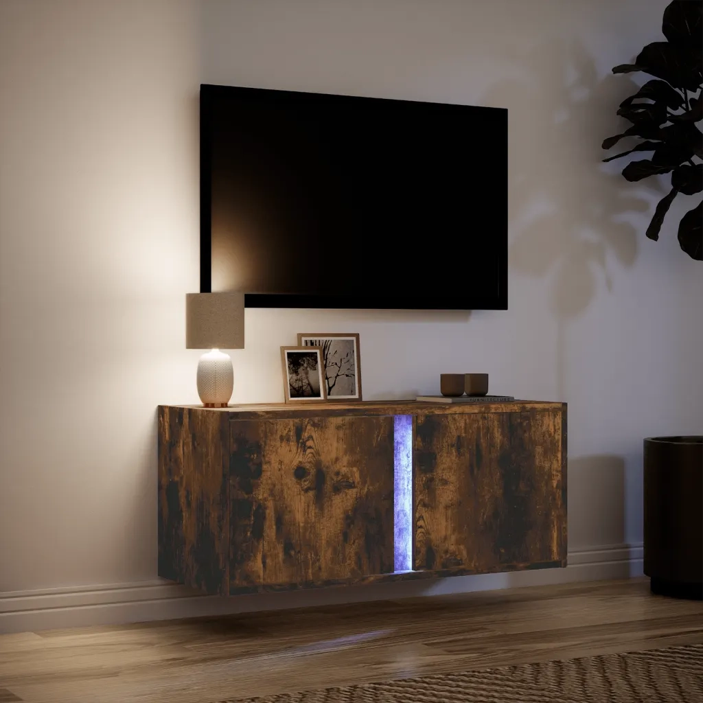 Mobile TV a Parete con Luci LED Rovere Fumo 80x31x35 cm
