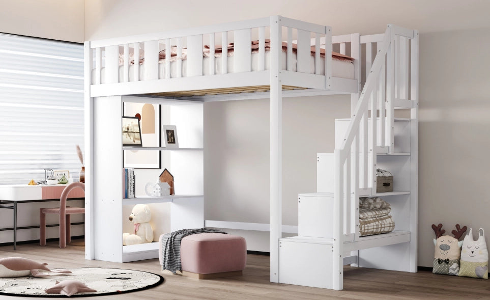 Letto a soppalco 90x200 cm con scala contenitore e 15 doghe in legno bianco