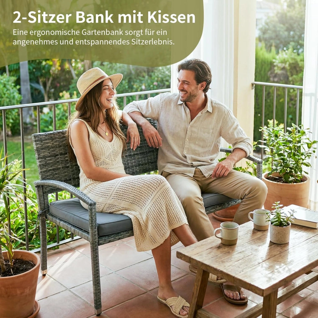 Panca da giardino, resistente alle intemperie, con cuscino, 2 posti, in polyrattan, portata 320 kg, accogliente mobili da giardino per esterni, 122 x 60 x 90 cm, per balconi, giardini
