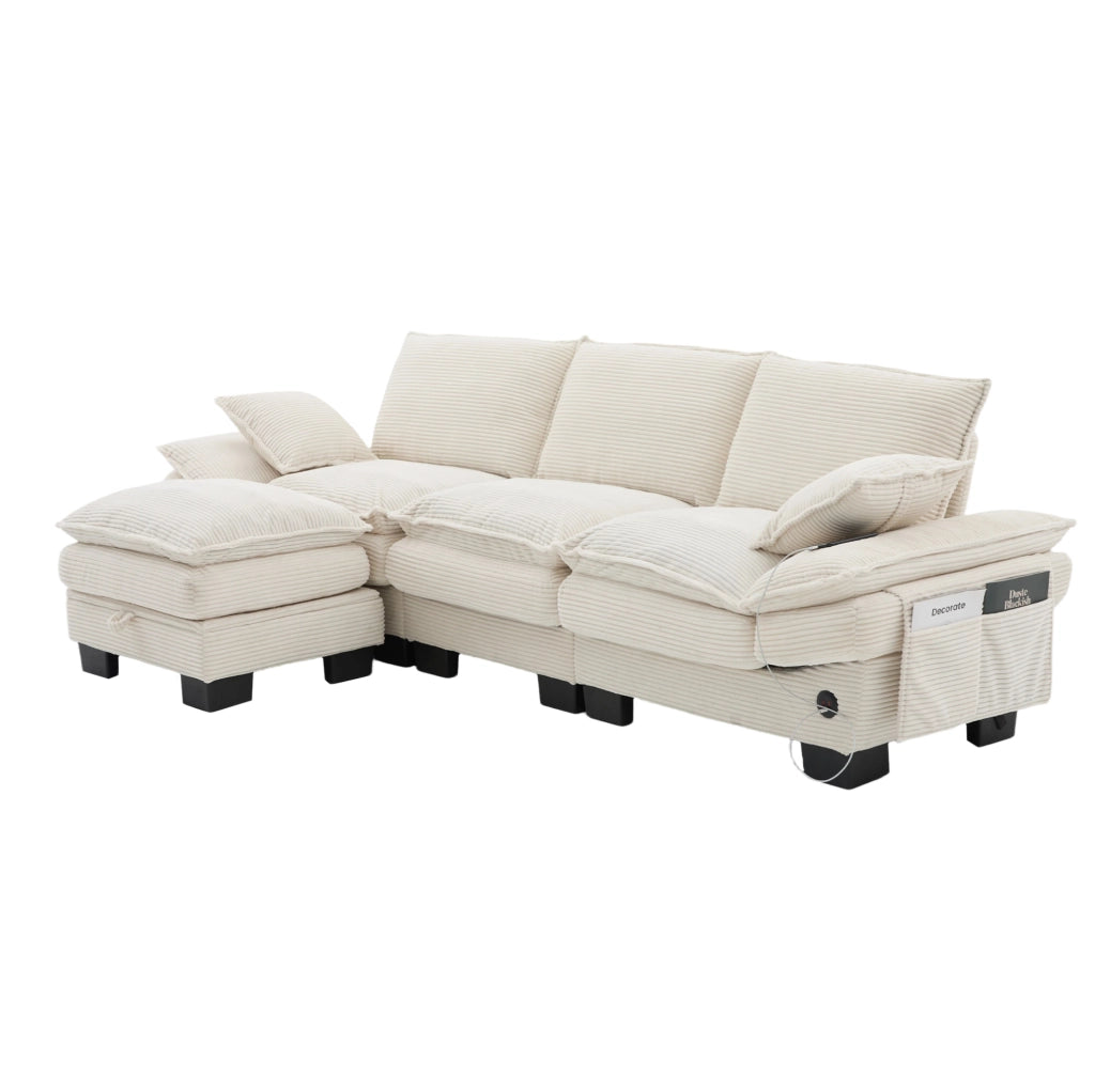 Divano modulare 3 posti con pouf contenitore in corduroy beige; 260 cm; con USB-C