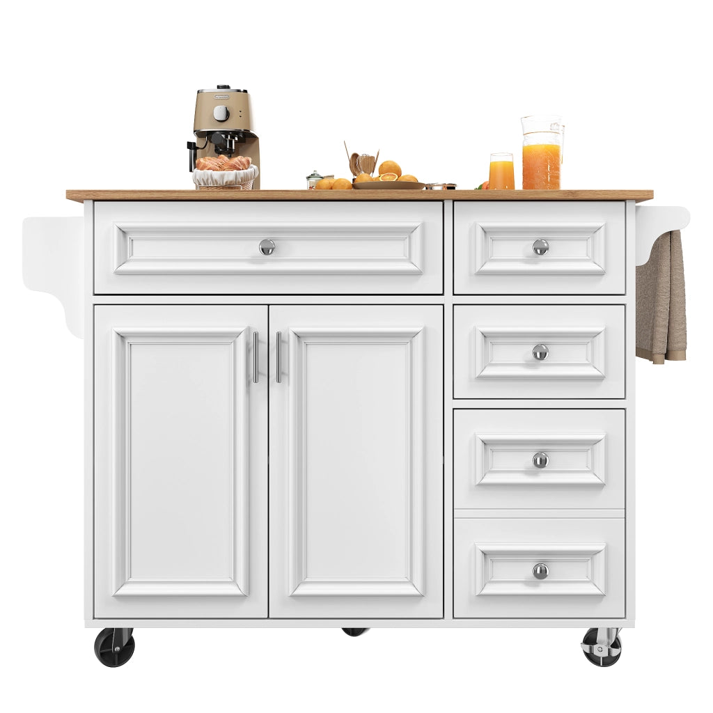 OKWISH Carrello da Cucina con Piano Ribaltabile, Cassetti e Ripiani Regolabili, per Cucina e Sala da Pranzo, Bianco