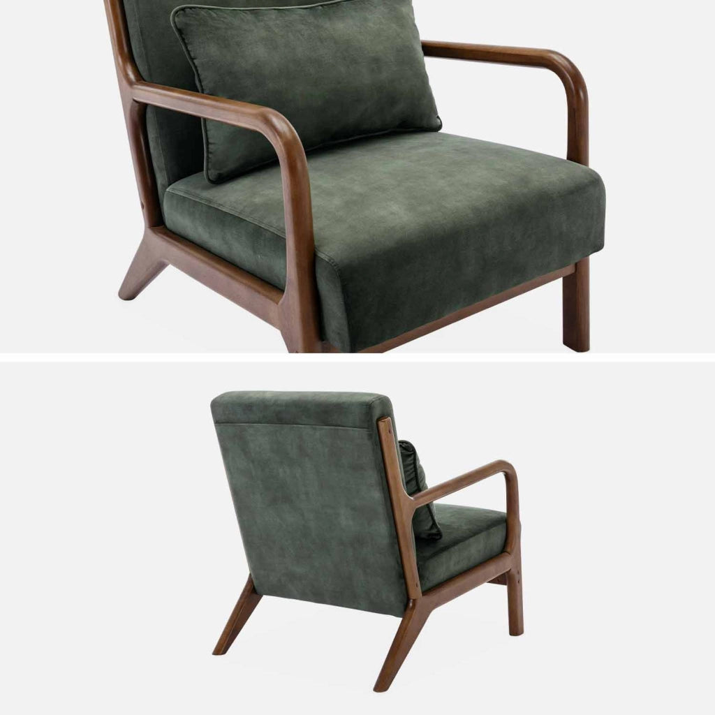 Poltrona scandinava in velluto e legno di hevea tinto noce scuro, kaki