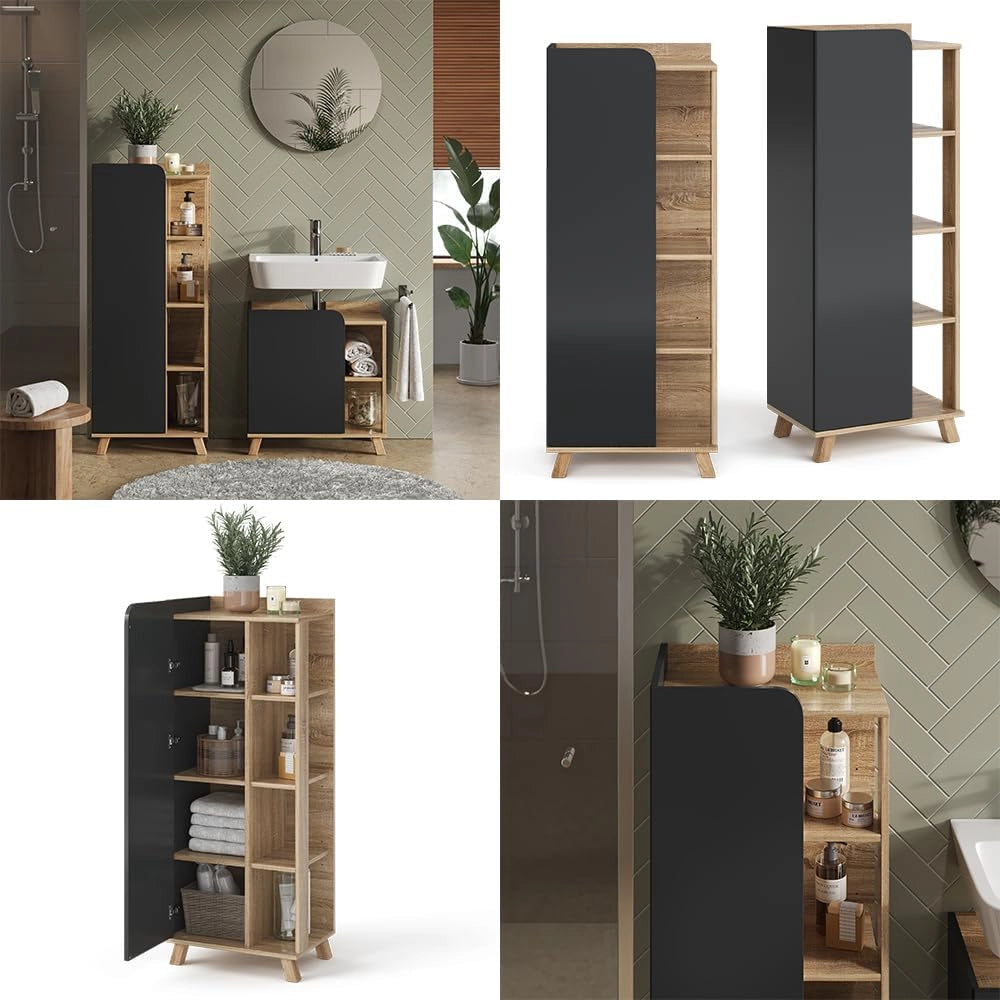 Mobiletto midi Karen, Sonoma/antracite, 50 x 128 cm con porta e vani aperti, per la conservazione di articoli da bagno e asciugamani