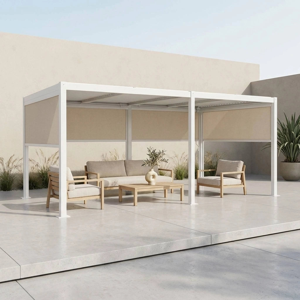Pergola bioclimatica 3x6m in alluminio e acciaio + 4 tende 3m, bianco