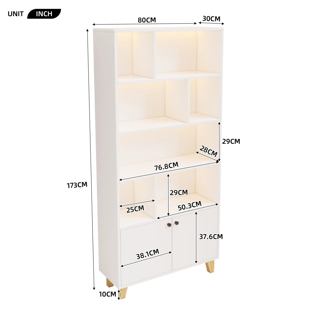 Libreria con 2 Ante e 7 Vani; LED Multicolore; Piedini in Legno Massello; in MDF; 80×30×173 cm; Bianco