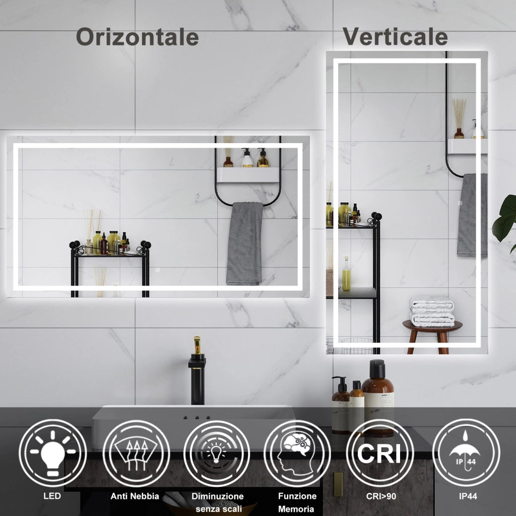 AICA Specchio da bagno  80 x 120 cm, dimmerabile, interruttore touch, Funzione Memoria, antiappannamento